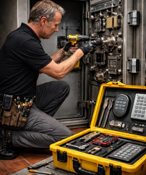 Locksmith at work in steel vault
