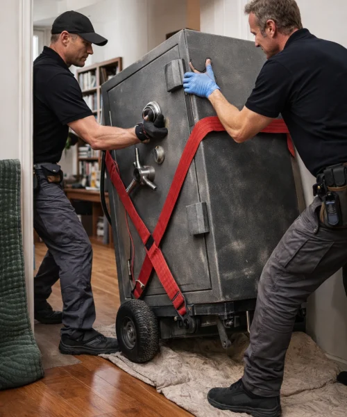 Movers transporting a heavy-duty safe
